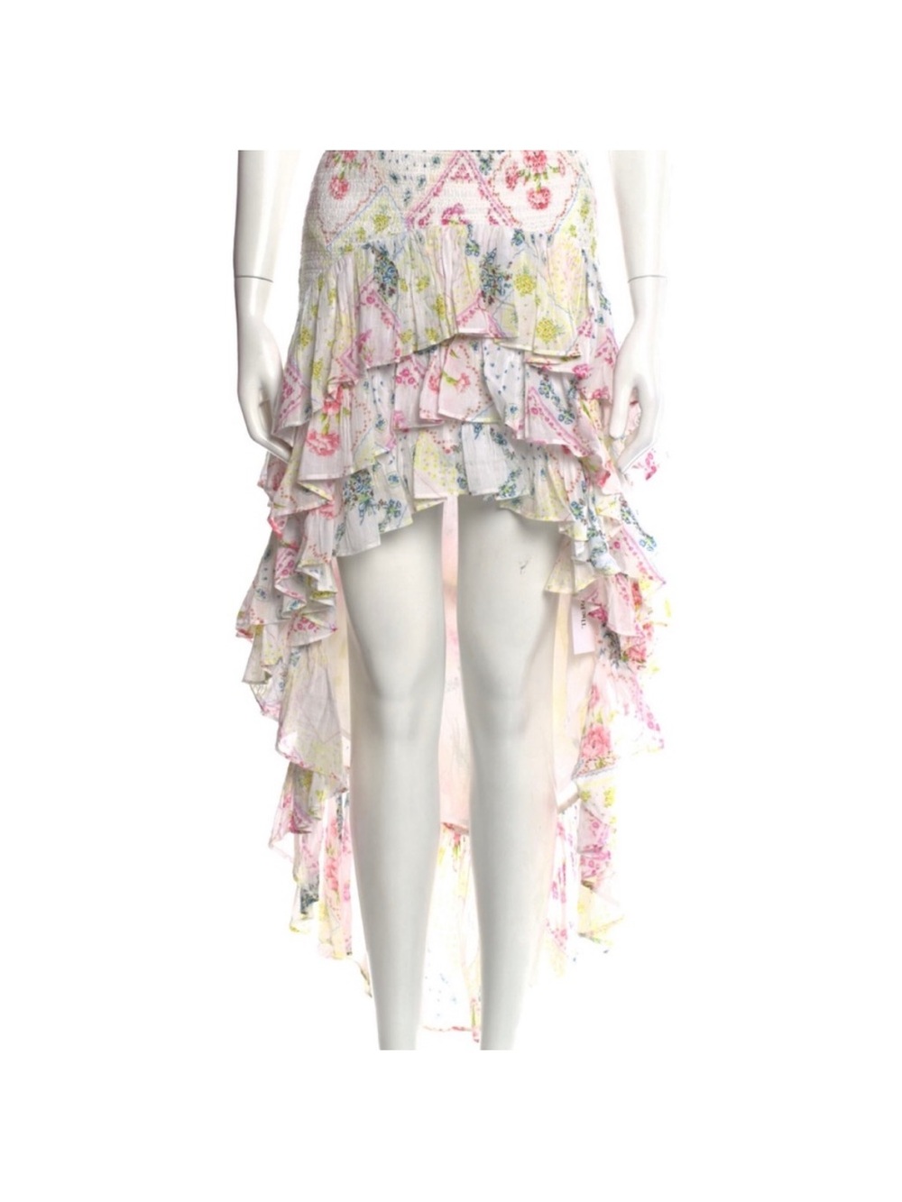LoveShackFancy Pink Floral High-Low Ruffle Skirt